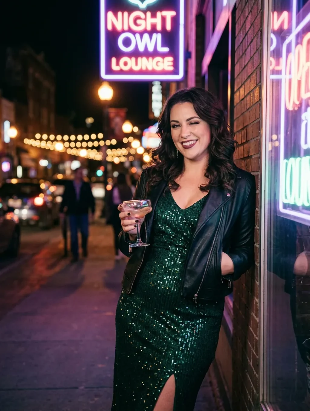 Fictional AI character in a green sequin dress and leather jacket smiling outside a neon-lit bar