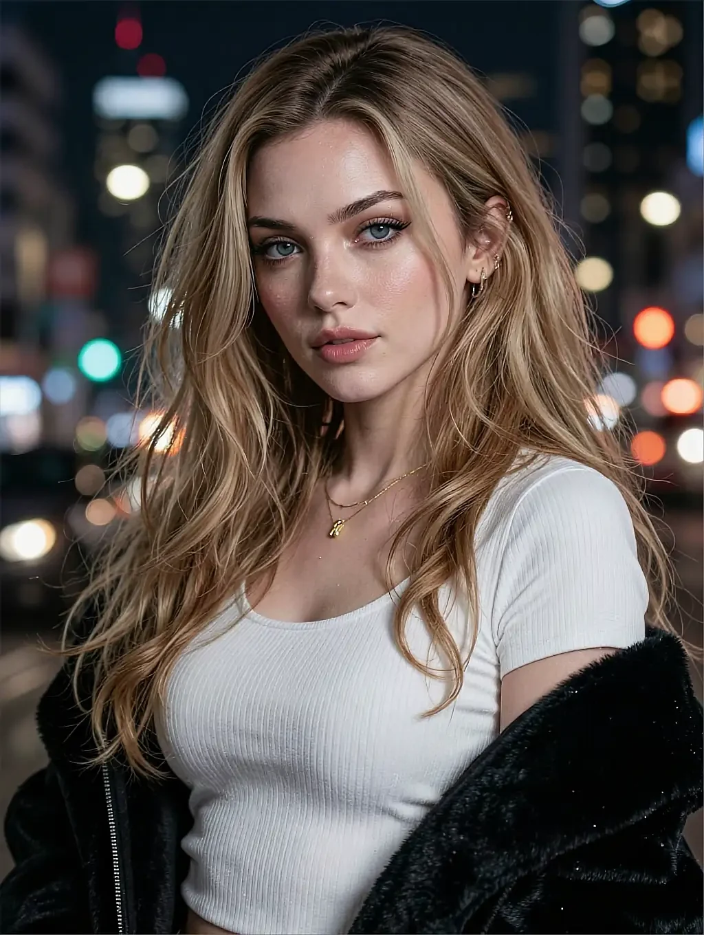 Fictional AI character with wavy blonde hair in a white tee and dark jacket on a city street at night