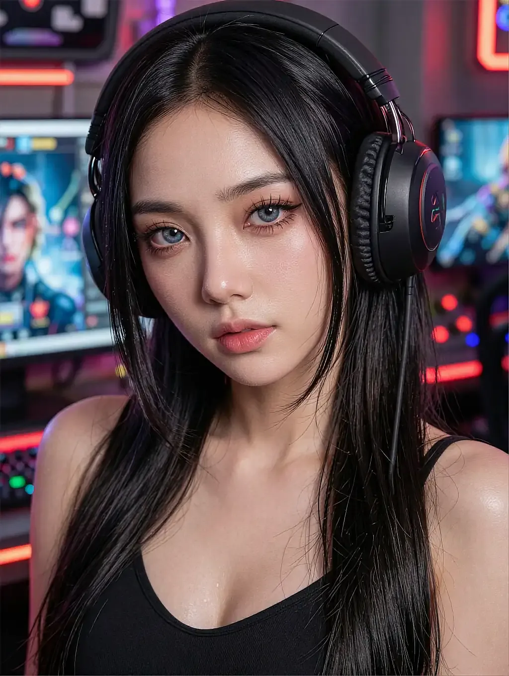 Fictional AI character with long black hair and headphones seated at a gaming desk with RGB monitors behind
